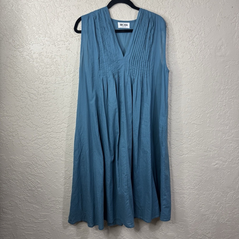 Becasa Beach Boho Dress One Size 100% Cotton Pockets Oversized Teal Blue Garden